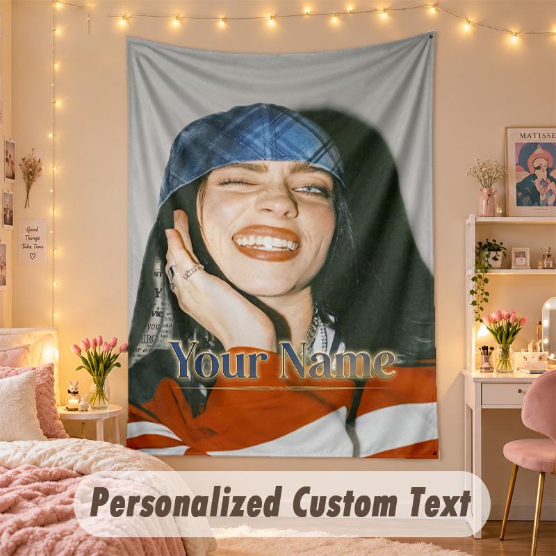 Benutzerdefinierte Personalisierte Wandteppich, Billie Eilish Druck Benutzerdefinierter Text Name Wandkunst Hängend für Schlafzimmer