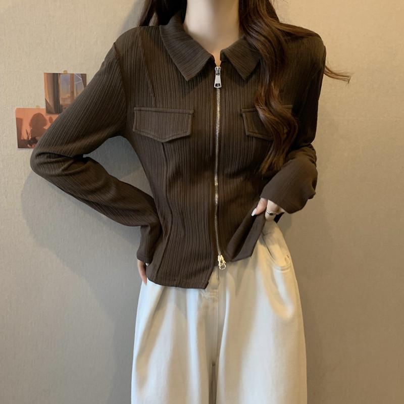 

Женский облегающий топ-поло с длинными рукавами и двойной молнией — большой размер, закрывающий живот, стильный дизайн для весны, осени и зимы. 3XL 135-150 lbs кофейный