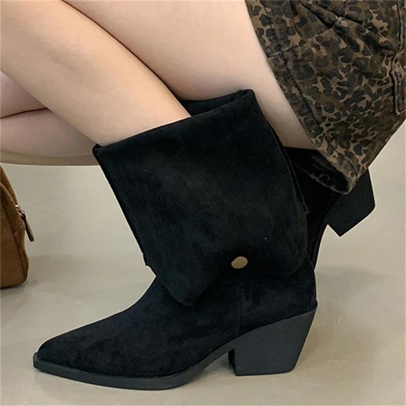 Eilyken Winter Designer Pointed Toe Women Knee High Boots Fashion Square Heels Buckle Fold Short Shoes Botas