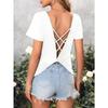 Women's Spring and Summer Loose V-neck Back Hollow Cross Strap Short Sleeve T-shirt