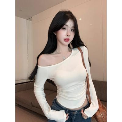 Sweet Spice Girl Slant Shoulder Long Sleeve Solid Color T-Shirt Women's 2025 Autumn Slim-Fit Versatile One-Word Shoulder Bottom Shirt Top