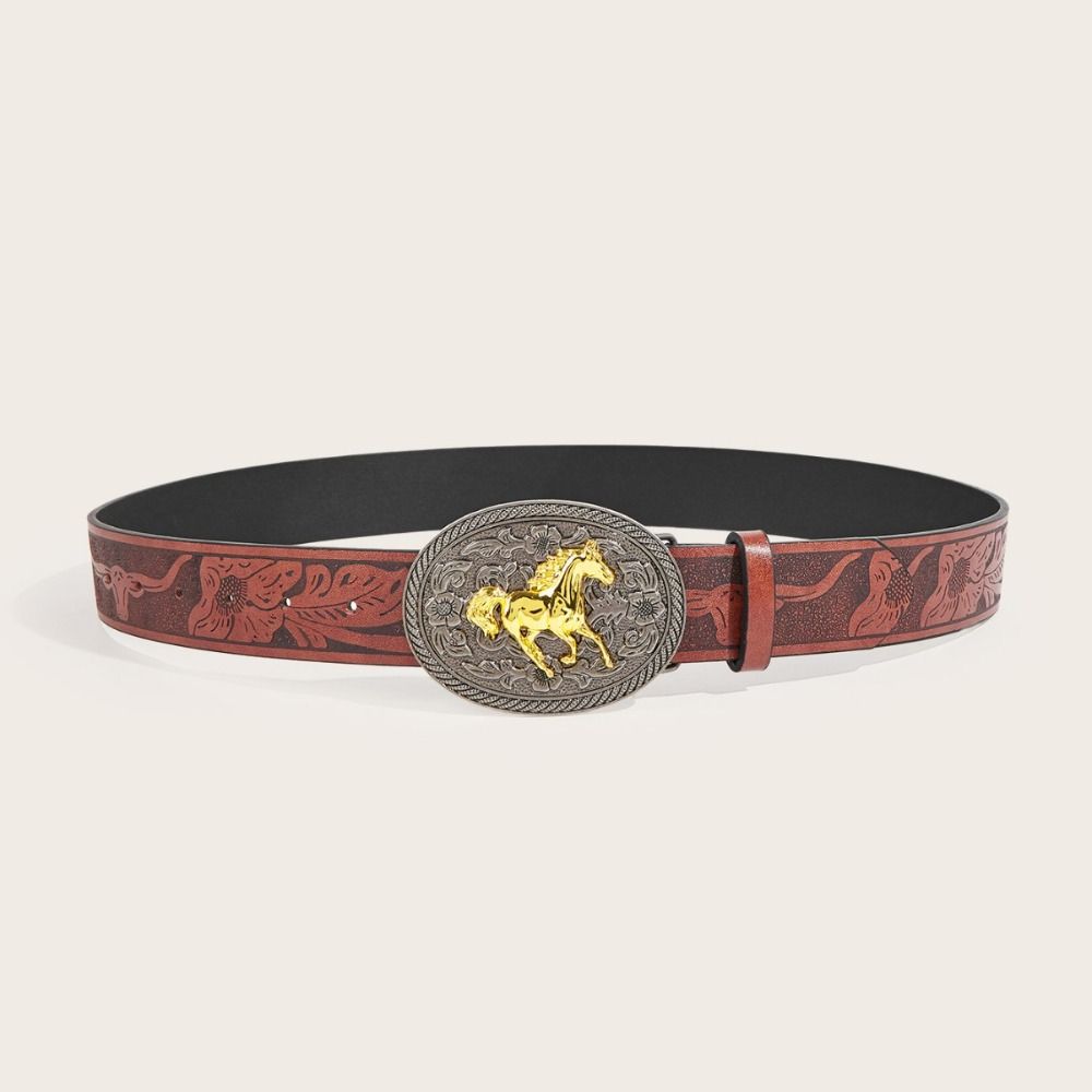 Fashion Carved Western Cowboy Belt Horse Buckle Luxury Design Horse Buckle Belt Trendy Brand Jeans Pants Belt For Women Man