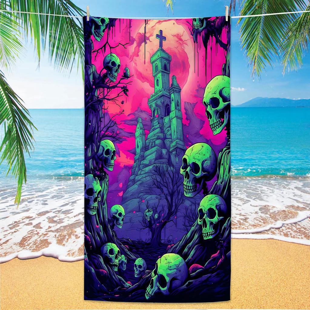 Gothic Skull Beach Towel Microfiber Quick Dry Bath Towel Dark Forest Horror Print Swimming Pool Towel Large Decor Towel