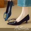Color Rhinestone Bow Pointed High Heels Spring New Leather Shallow Mouth Temperament Purple Medium Heel Single Shoes