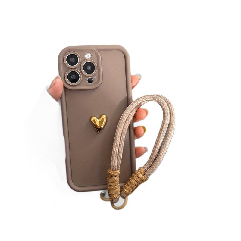iPhone 17 Case with Lanyard for 16 Pro Max, Heart-Shaped Gold Electroplated Silicone, Frosted Finish