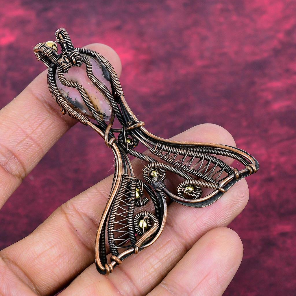 Pink Opal Gemstone Pendant Handmade Fish Jewelry Copper Wire Wrapped Pendant