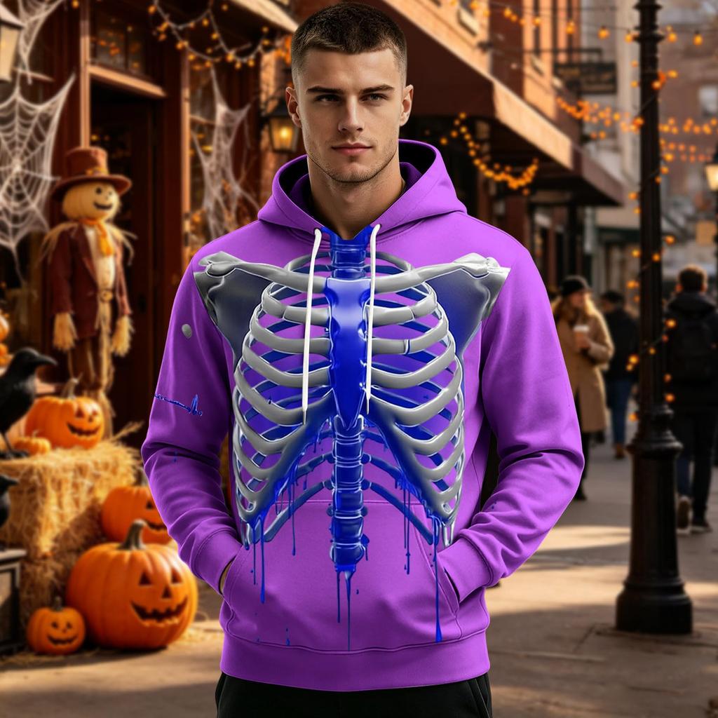 Men's Halloween Funny Skeleton Print Long Sleeve -Lined Pullover Hoodie with Pocket