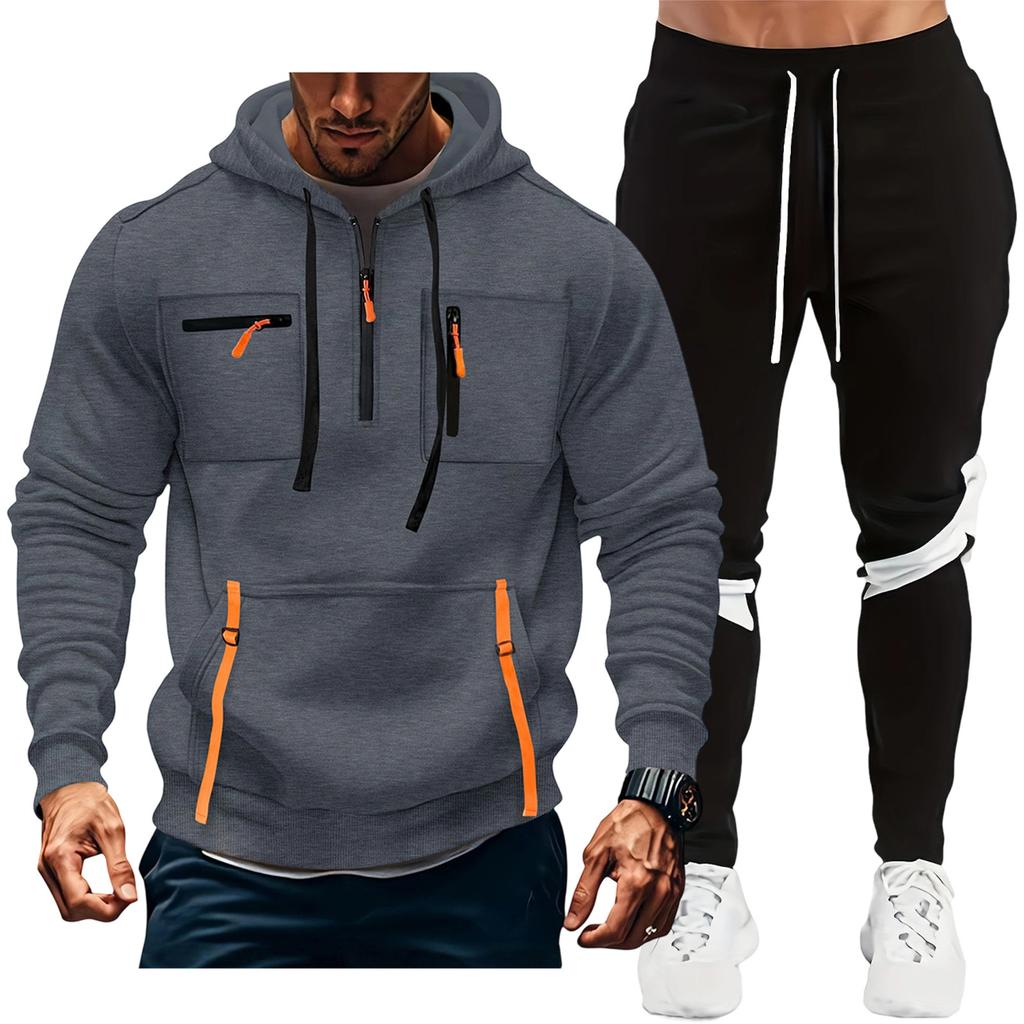 Men'S Hoodie Multi Pocket Hooded Long Sleeved Casual Sports Two-Piece Set