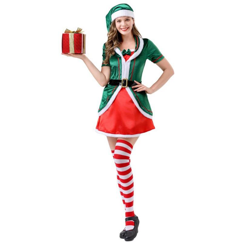 Green Christmas Elf Costume Womens Dress Festive Party Stage Performance