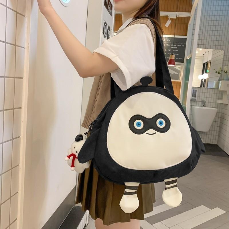 Cartoon Egg Waffle Canvas Bag Large Capacity Cute Street Style Tote Bag Black Yellow