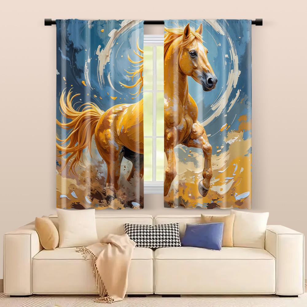 2 Pcs, Filtering Curtains (excluding Rods, Non-movable, Without Batteries) Colorful Horse (3) for Use In Bedrooms and Living
