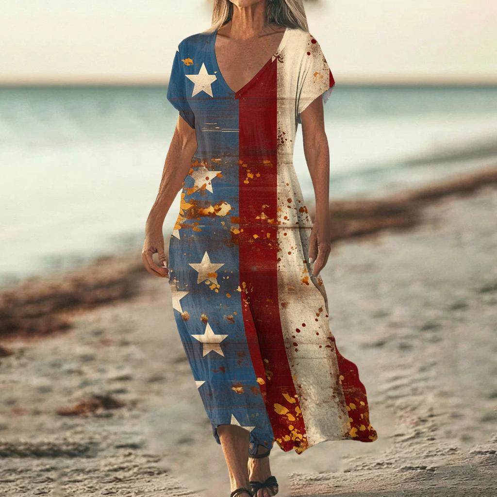 Women’s Maxi Dress V Neck Short Sleeve Loose Fit with Star and Stripe Printed Pattern for Casual Summer Wear