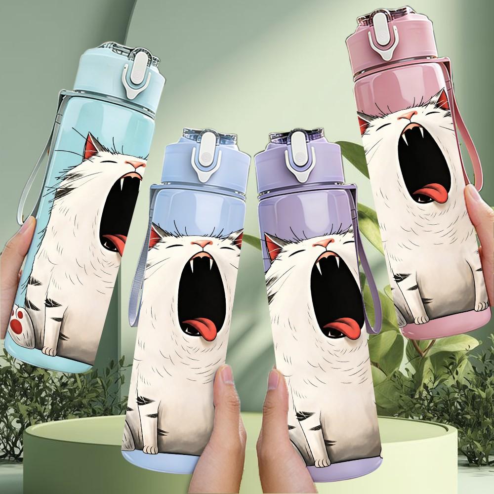 1PC Angry Fat Cat Cartoon 750ml Color Plastic Sports Water Bottle Leakproof Flip Straw Lid Suitable for Sports Office Home Use