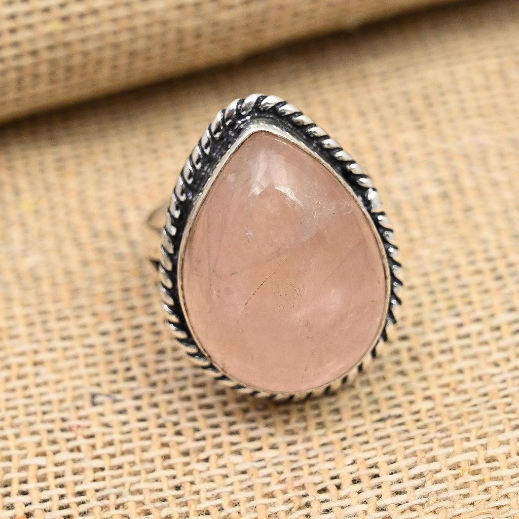 Aufwändiger Rosenquarz-Edelstein, handgefertigter Ringschmuck aus massivem 925er Sterlingsilber