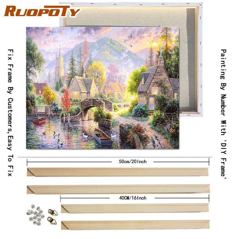 RUOPOTY Oil Painting By Numbers Lake Landscape Handpainted Unique Gift Pictures By Numbers Pavilion Spring For Adults Home Decor