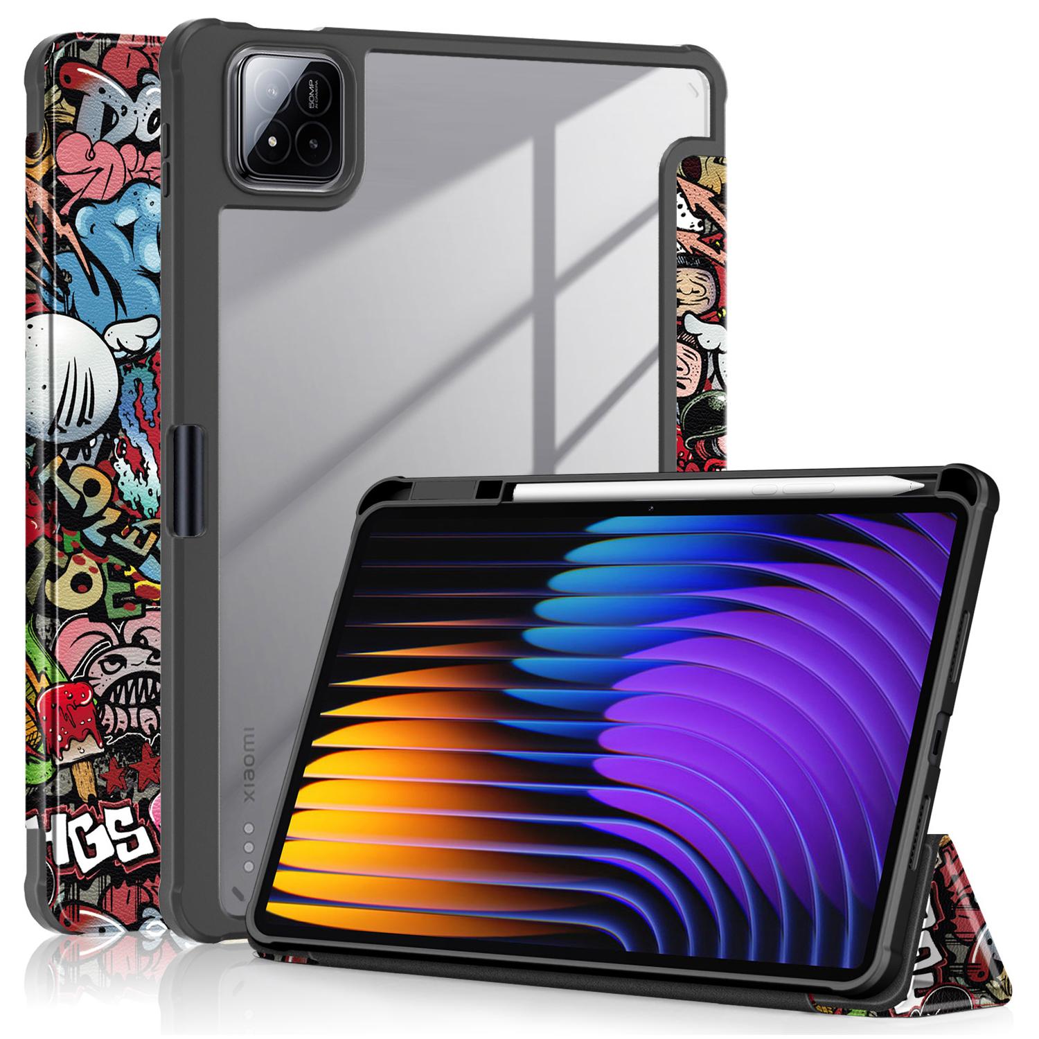

Чехол для Xiaomi Pad 7 Pro/Pad 7, трехскладная подставка, печать с узором, ПУ кожа, прозрачная задняя крышка Graffiti