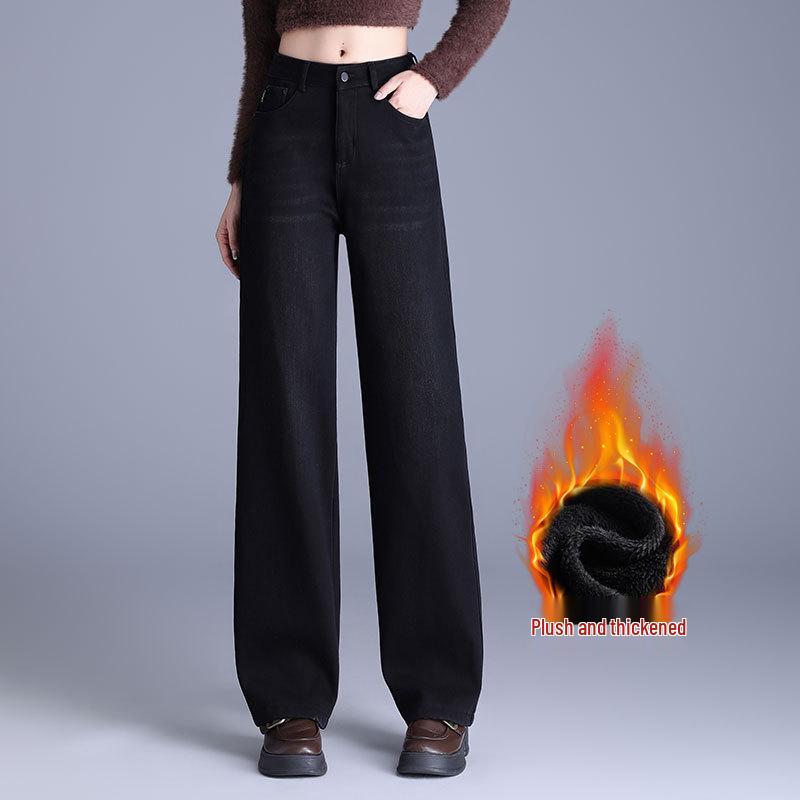 

Women s Winter Fleece-Lined Retro Blue Slimming Wide-Leg Jeans 30