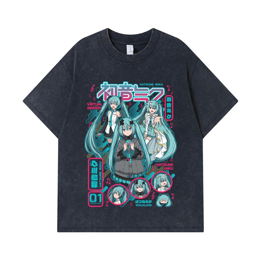 275 GSM Washed T-shirts 100% Cotton Vocaloid V1 Hatsune Miku Print Unisex Heavy Cotton T Shirt