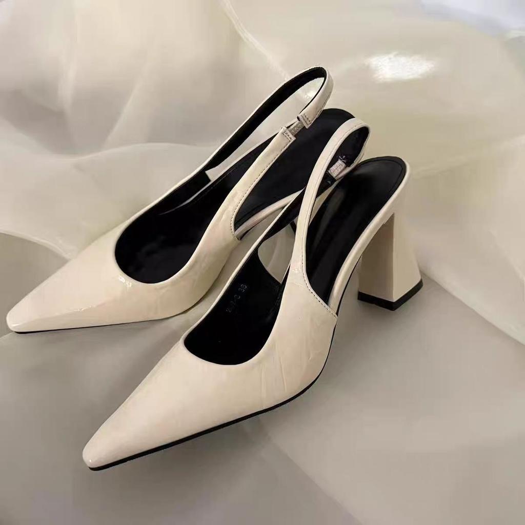 Thick heel pointed back empty sandals Internet celebrity versatile single shoes retro temperament high heels women 2025 summer and autumn new