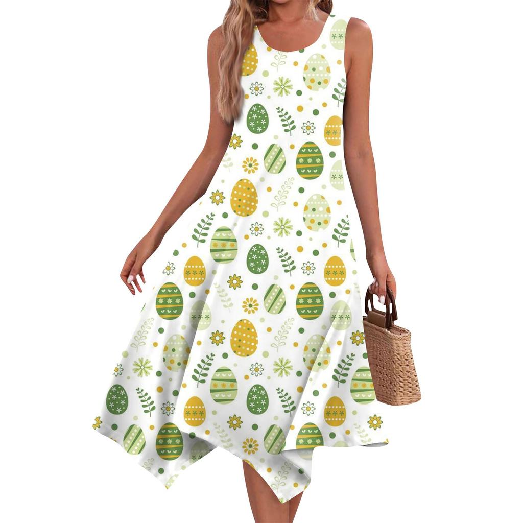 Dámská ležérní móda Midi šaty s kulatým výstřihem a potiskem bez rukávů s nepravidelným lemem