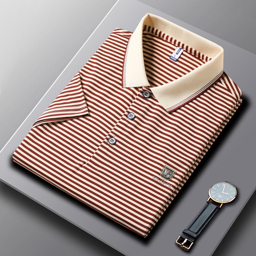 Men's Casual Polo Shirt Striped Business Polo Shirt Summer Short Sleeve T Shirt