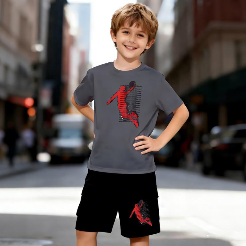 Boys 2 Piece Basketball Theme Outfit, Short Sleeve T-Shirt and Shorts Set for Kids Age 5-14, Black and White Sporty Casual Summer Clothes