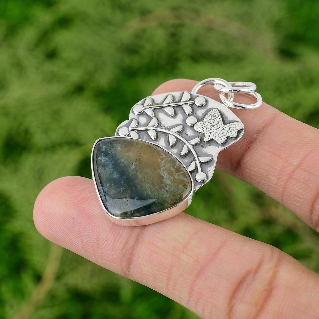 Daughters Day Sale Natural Solar Moss Agate Engagement Bezel Pendant 925 Silver