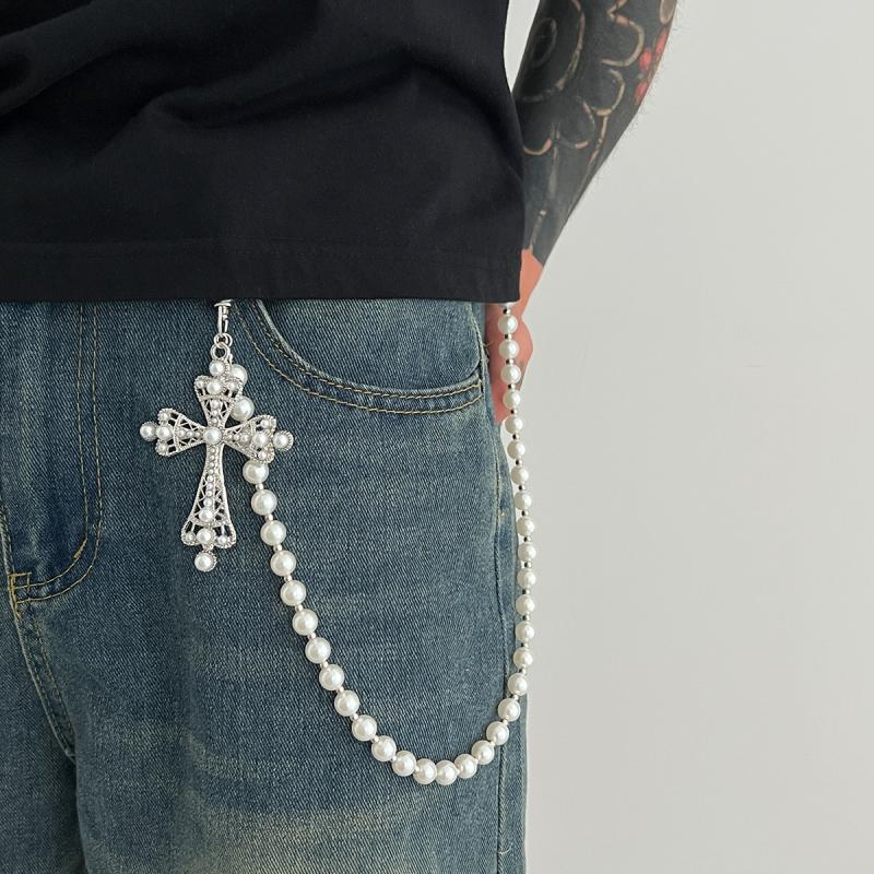 Fashion Punk Cross Imitation Pearl Pendant Jeans Chain Men Hiphop Rock Pants Waist Belt Wallet Bag Chain Jewelry Accessories