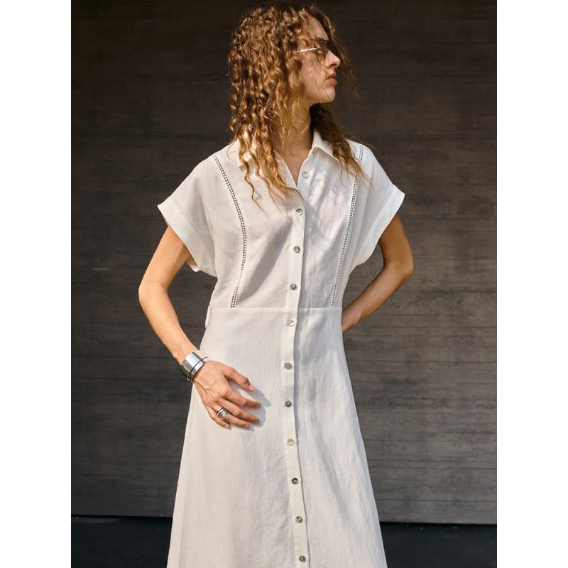 Womens Linen Tencel Blend Midi Dress With Adjustable Waist Short Sleeve High-Waisted Office Casual