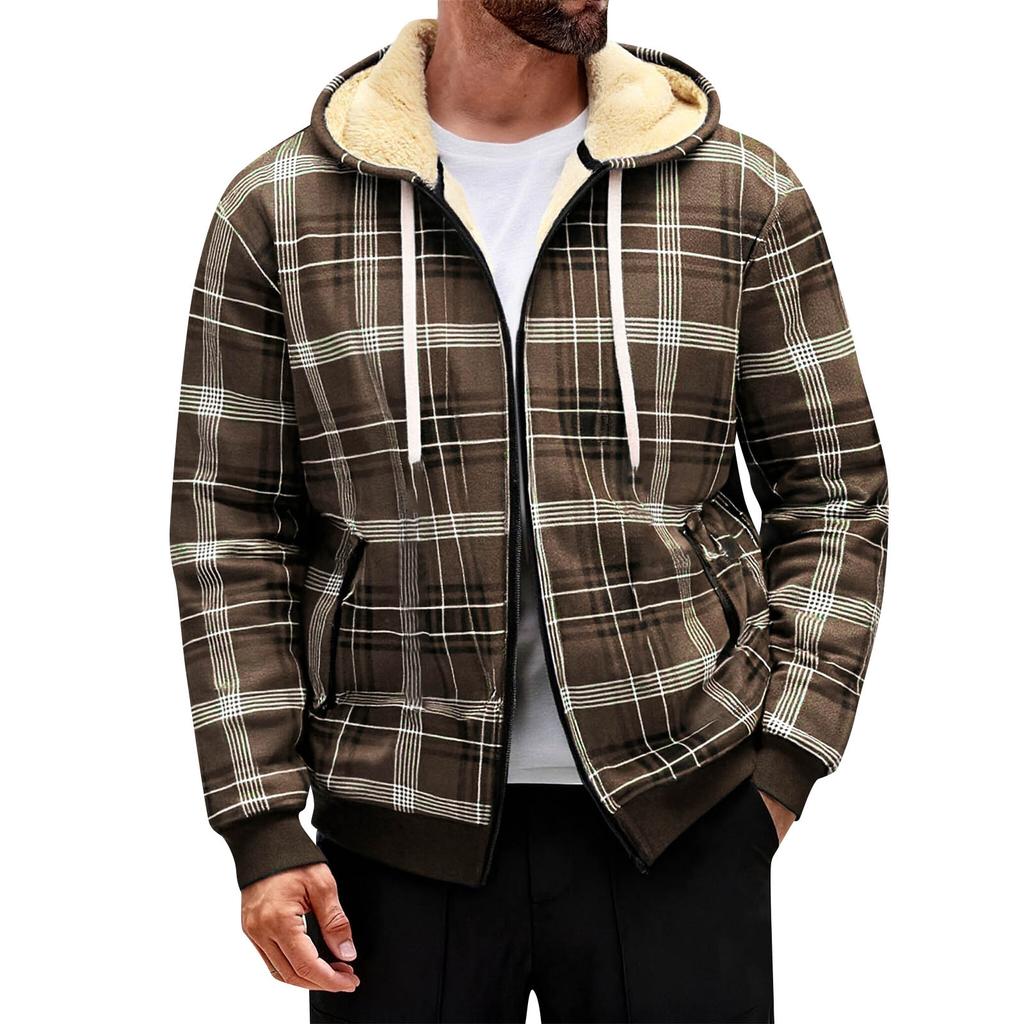 Men's Hooded Zippered Fleece-Lined Thick Plaid Casual Sports Jacket