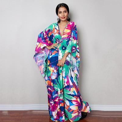 Print Cover-ups Sexy Deep V-neck Summer Beach Dress Tunic Kaftan Women Beachwear Swimsuit Cover Up Robe