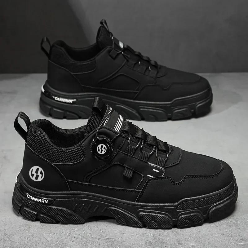 New Autumn Men Sneakers Leather Men's Shoes Outdoor Mountain Short Boots Rotating Buttons Work Shoes for Men Platform Travel