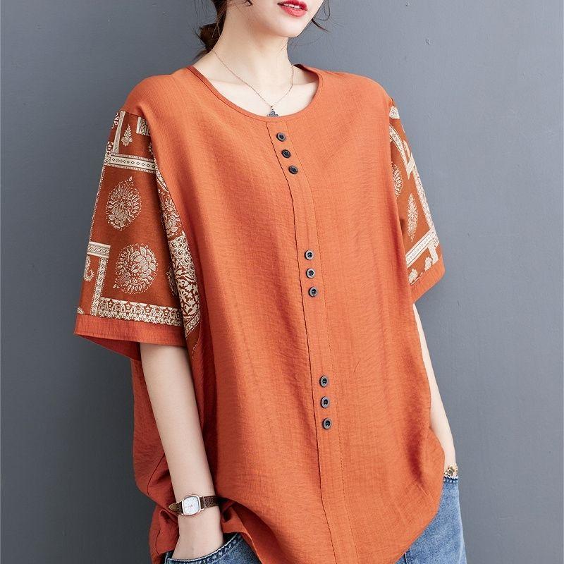 Cotton and Linen Splicing Printing Summer New Top Large Size Women's Retro Shirt Loose and Thin Foreign Short Sleeves Plus Size