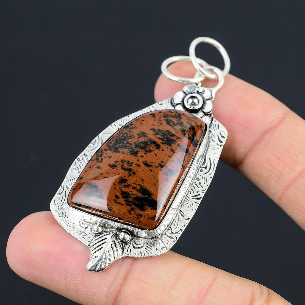 Natural Mahogany Obsidian Gemstone 925 Sterling Silver Pendant Flower For Women