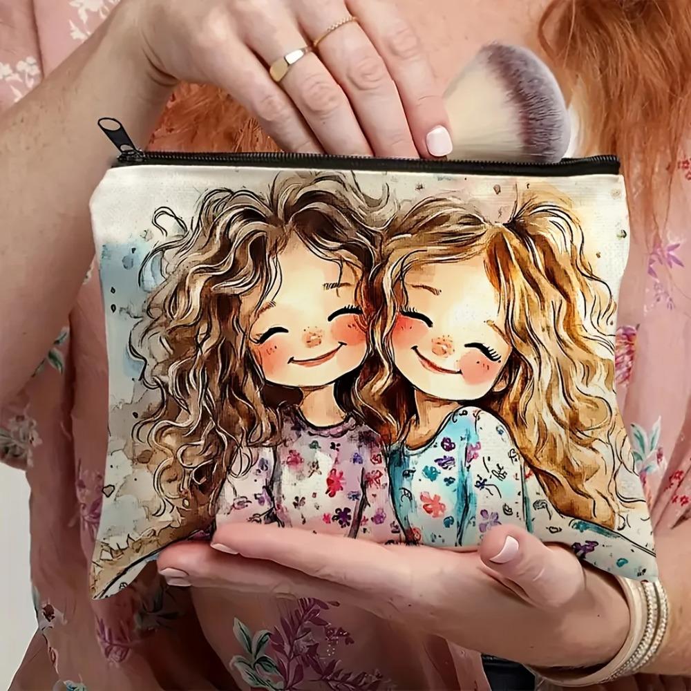 1pc Cute Girls' Makeup Bag - Portable Linen Cosmetic Pouch | Vibrant Cartoon Design, Travel, Vacation, Business