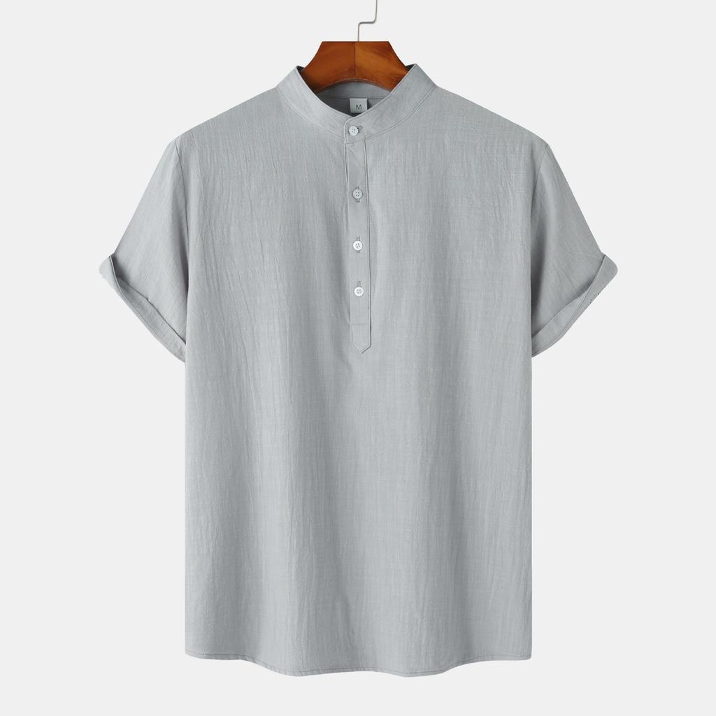 Summer 2024 Bestseller: Men's Solid Color Cotton Linen Stand Collar Short Sleeve Shirt - European & American Style