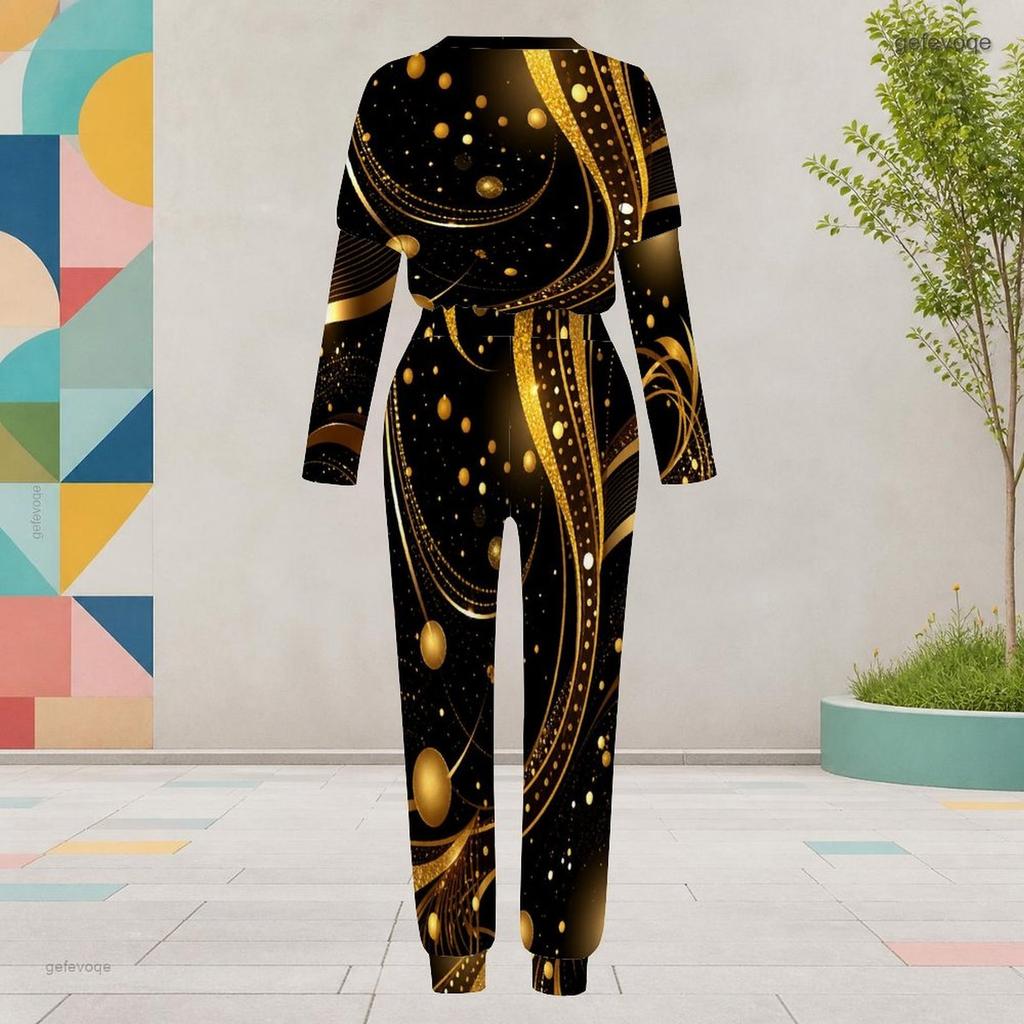 Women Plus Size Black Printed Two Piece Set Round Neck Long Sleeve Cuffed Top Cuffed Pants With Pockets