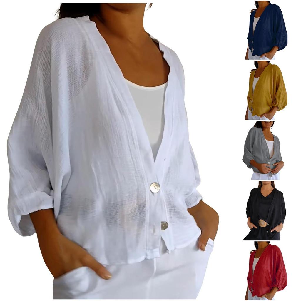 Summer Linen Tops For Women Loose Fit  Sleeve Button Down V Neck Blouses Ladies Casual Cover Up Sun Shirts