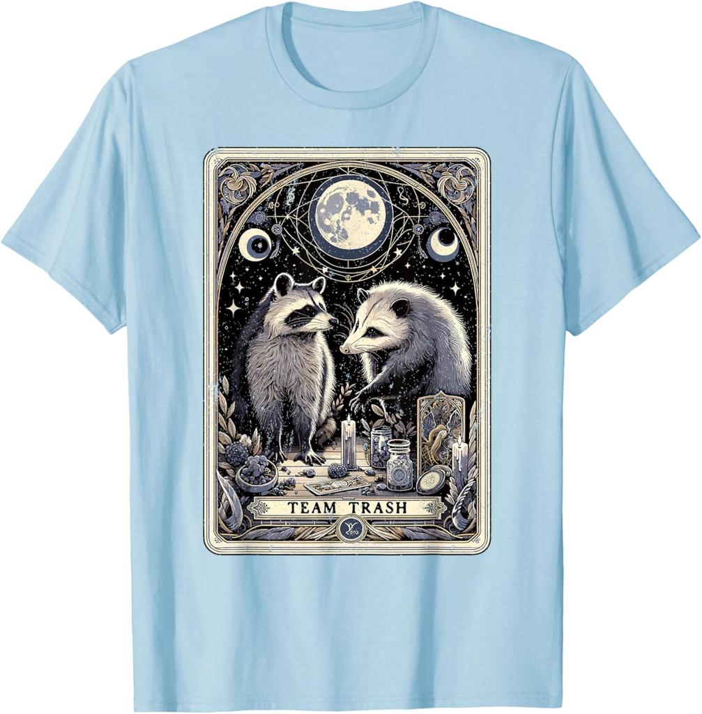 Team Trash Raccoon Opossum Tarot Card Graphic Print Cotton Short Sleeve T-Shirt Casual Trip
