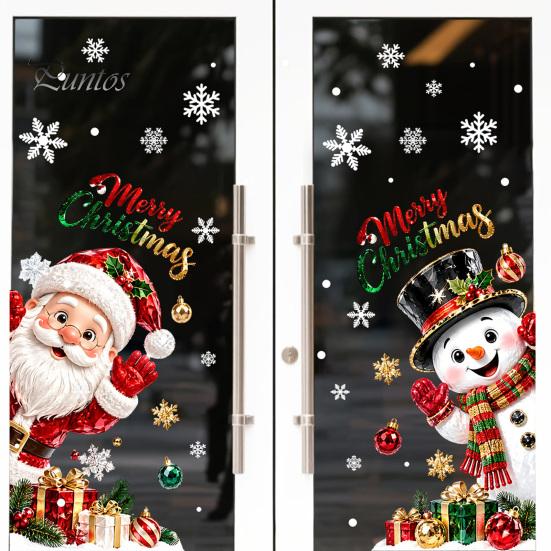 Snowflake Static Clings Christmas Window Clings, Santa Snowman PVC Stickers, Waterproof Creative Xmas Gift Decor Glass Decals for Home Shop