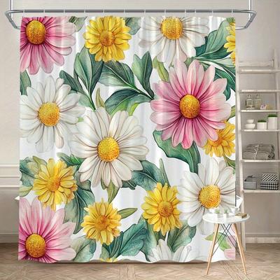 1pc Daisy Seamless Pattern Shower Curtain, Watercolor Style Digital Illustration, Botanical Style, Polyester Fabric