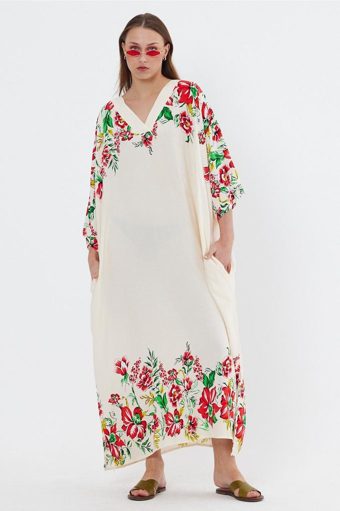 Damen Übergröße Kleid V-Ausschnitt Plus Size Gemustert Lang Halbarm Viskosekleid