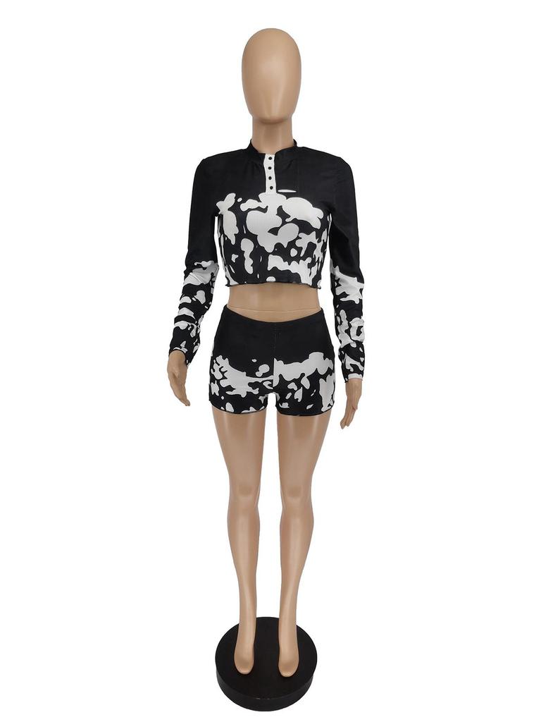 JH5817 Women's European & American Print Long-Sleeve Shorts Casual Two-Piece Set