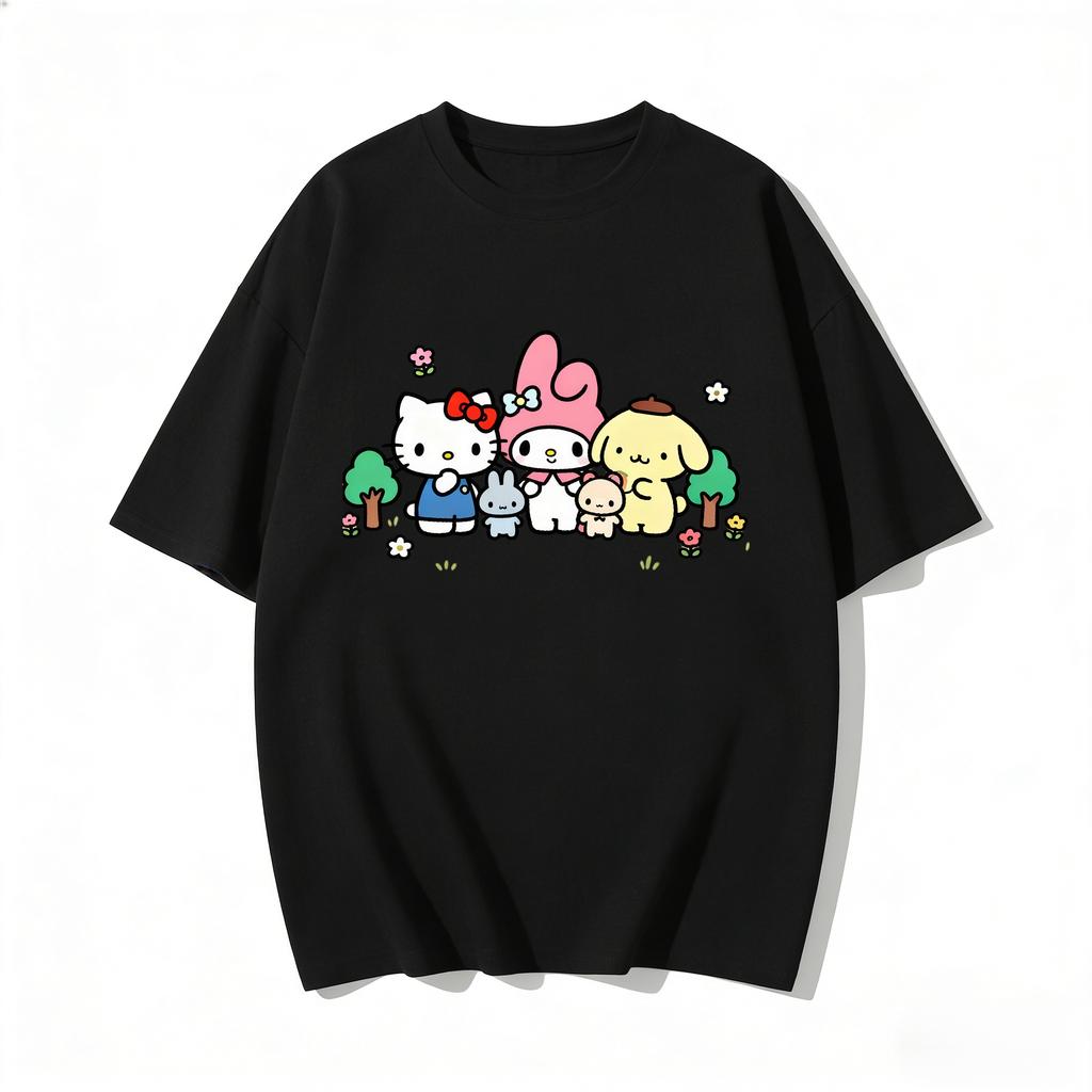 Summer Cute Sanrio Characters Group Print Tshirt Casual Short Sleeve Tee for Mom and Daughter Sweet Family Matching Outfits Top