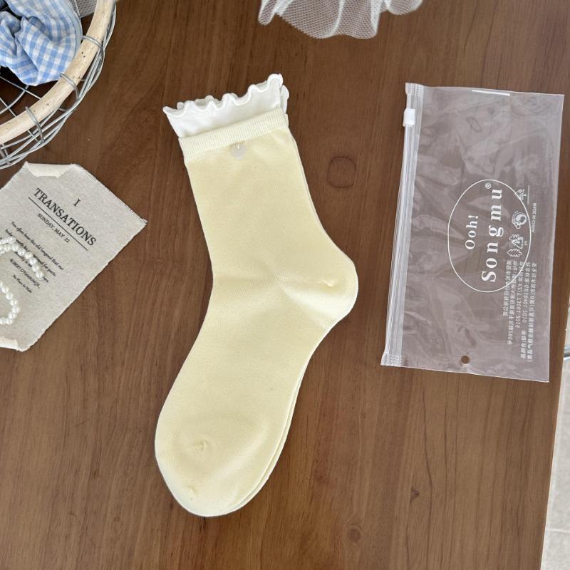 

Женские весенне-осенние хлопковые носки-цилиндры с оборкой, в свежем стиле, с пуговицей «Любовь» и отделкой «деревянное ушко», с контрастной расцветкой 1 pair жёлтый