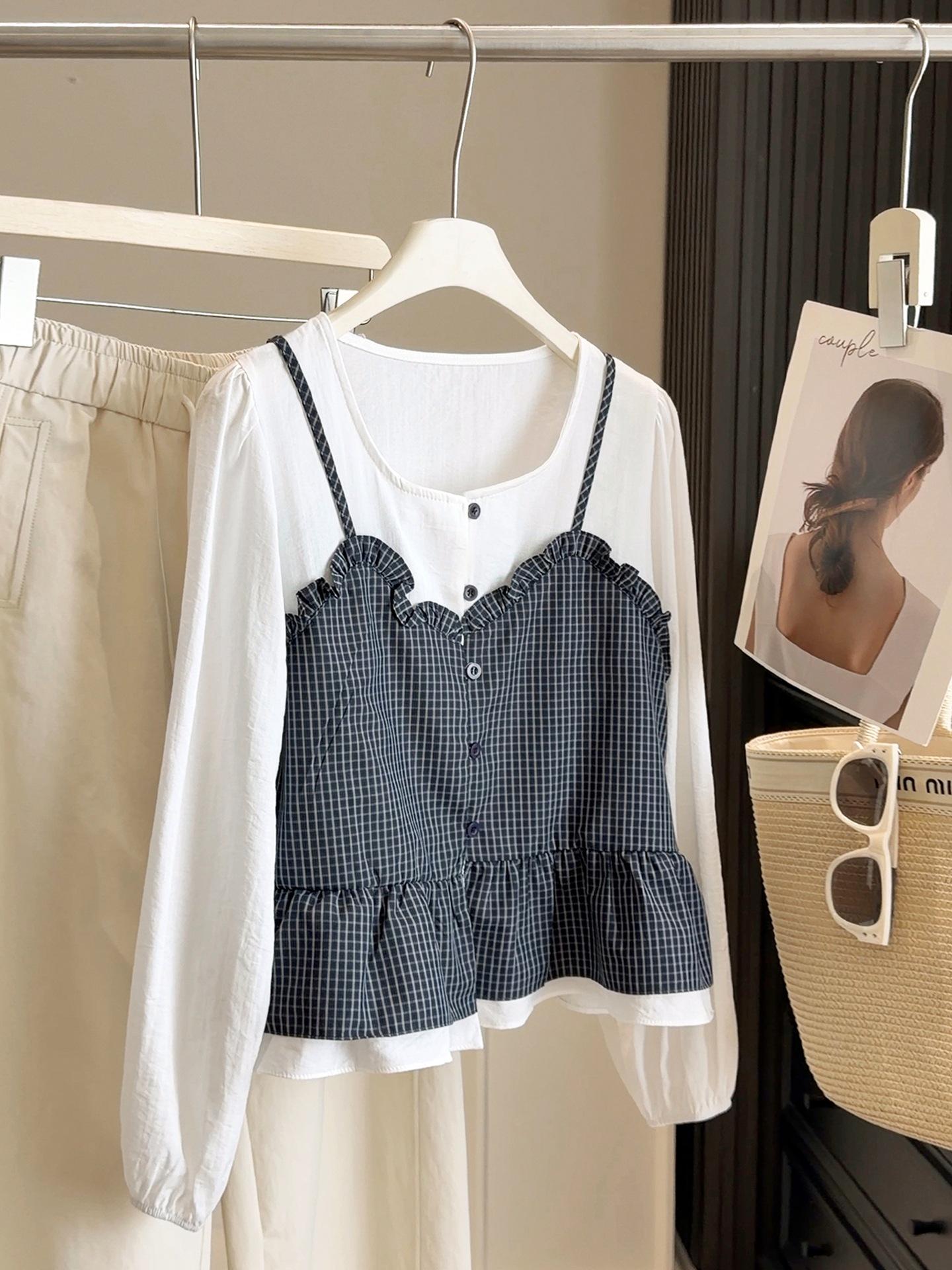 Spring Floral Patchwork Slimming Plaid Long-Sleeve Top One Size