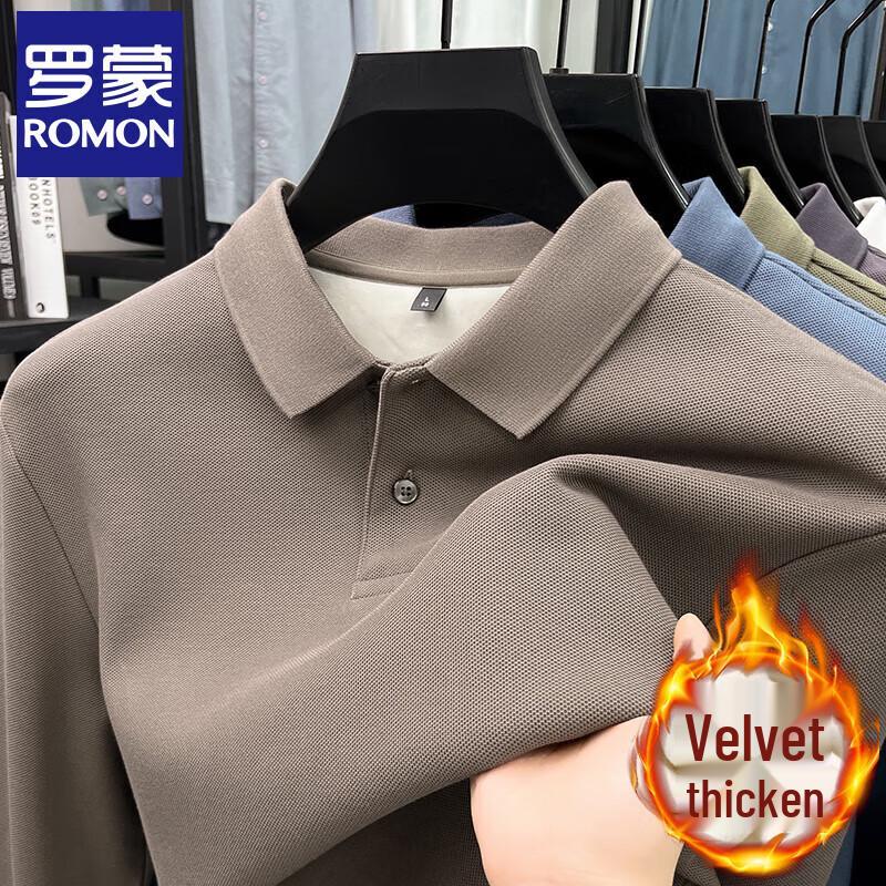 Romon Men's Fleece-Lined Cotton Long Sleeve Polo Shirt
