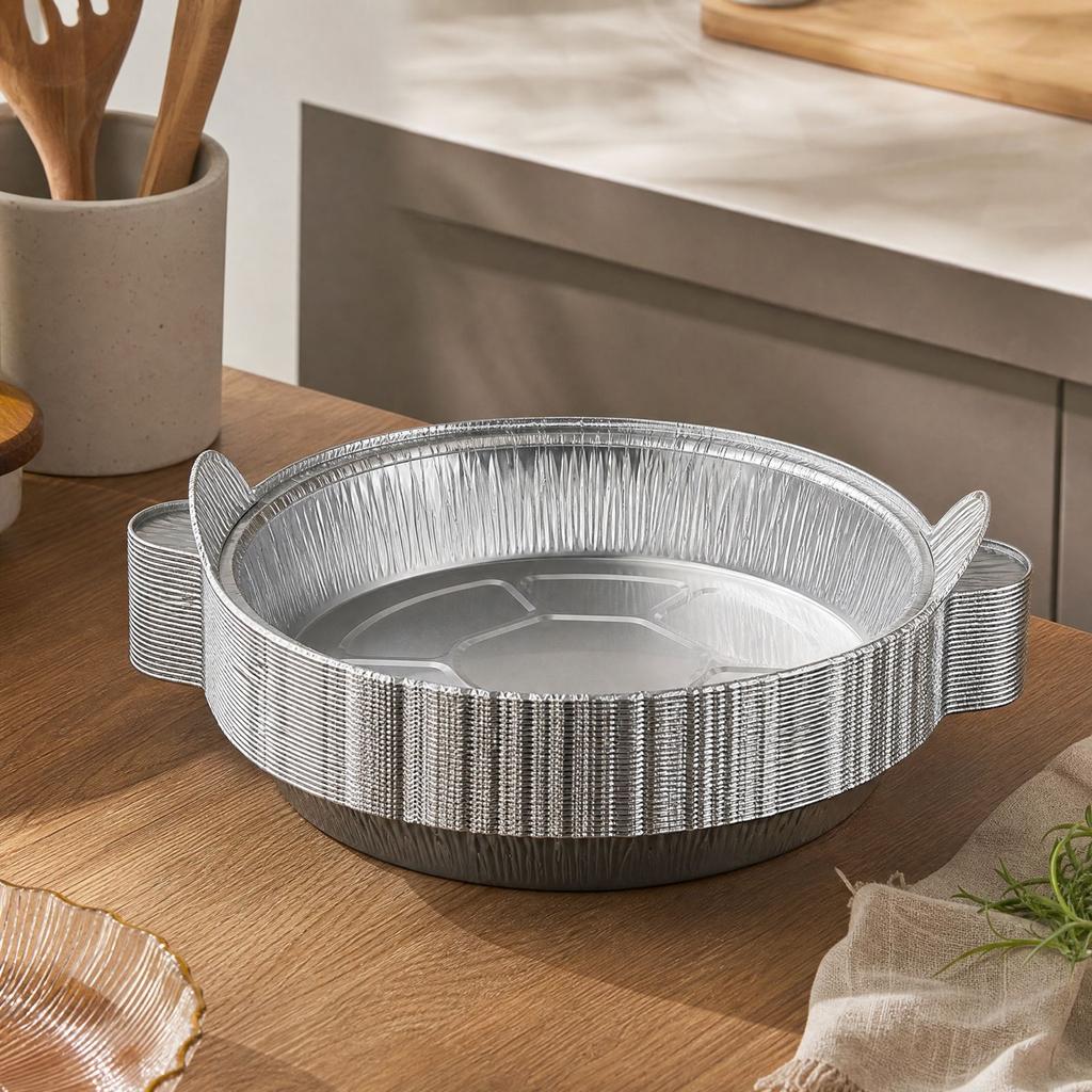 Disposable Round Aluminum Foil Pans with Handles, for Oven and Fryer, Baking and Grilling Fish and Meat