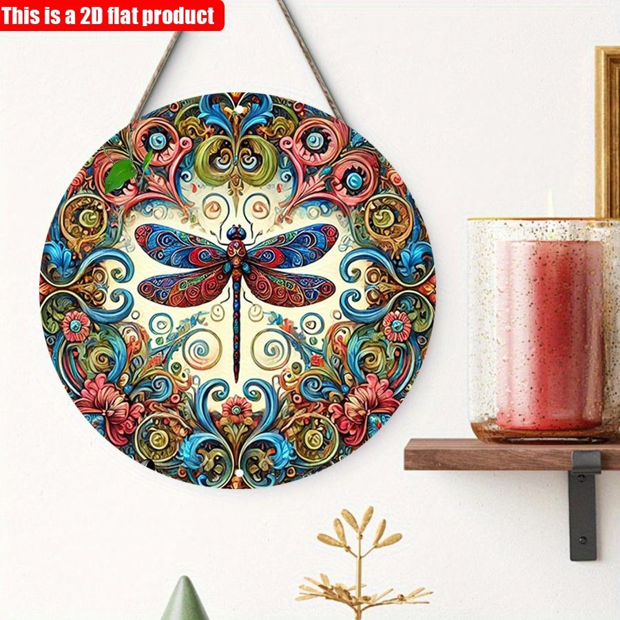 2D flat 20*20cm1pc Vibrant bright-coloured Dragonflies&Heart shape Flowers patterns Round Signage, Colorful Wall Art Decor for Bar Cafe Club Yard Home