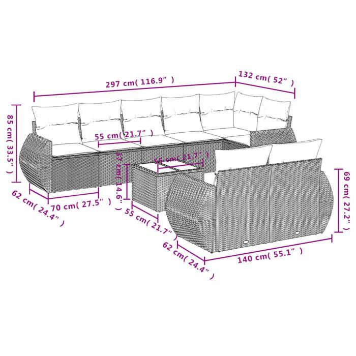 VidaXL Garden Lounge Set with Cushions 9 Pcs, Patio Sofas, Patio Furniture Set, Outdoor Furniture, Grey 3221629
